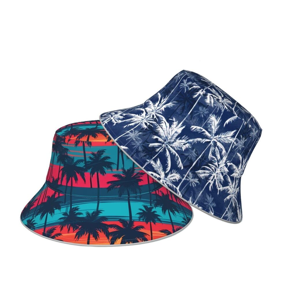 9829 Tropical Hawaii Palm Tree Blue Bucket Hat Beach Summer Sun Hat